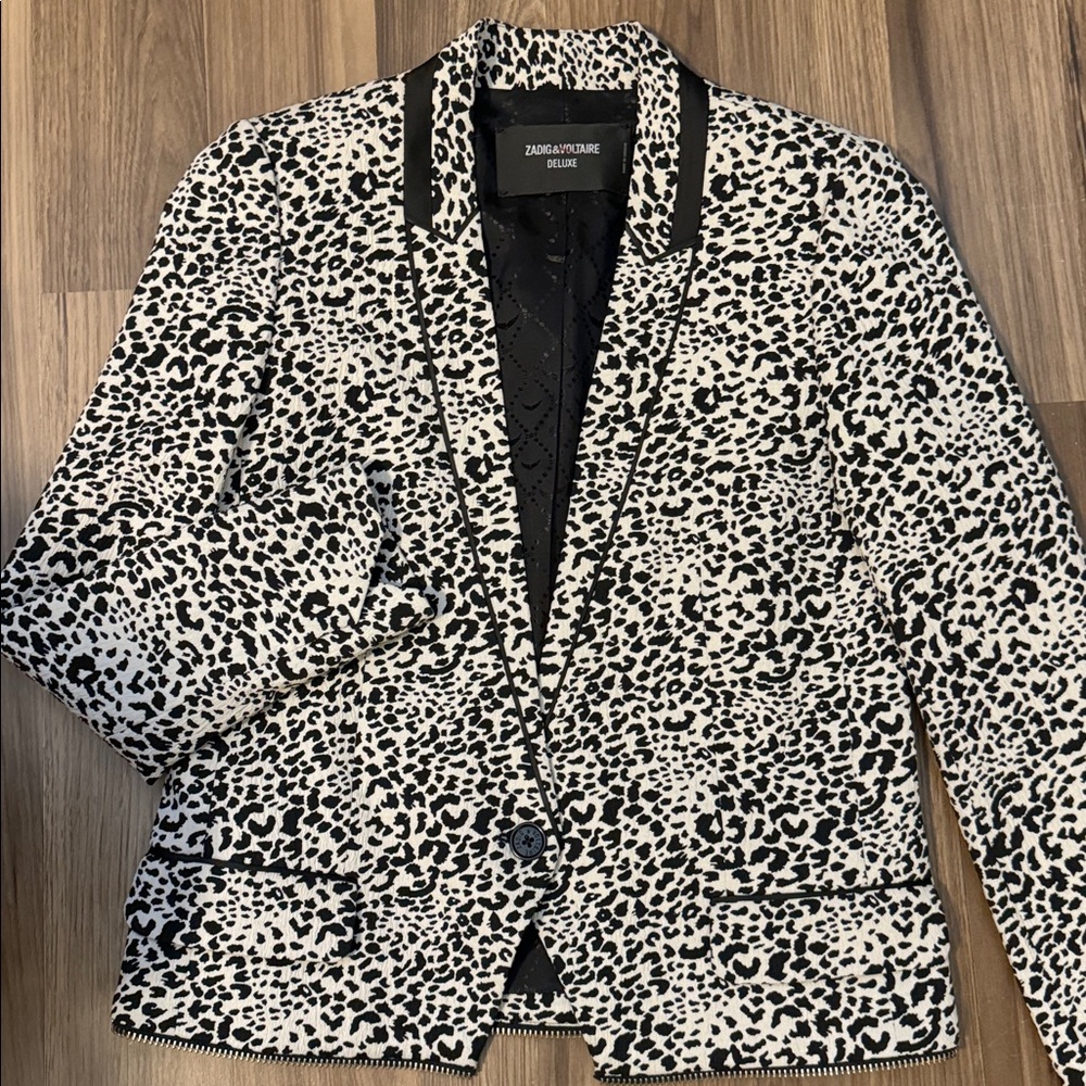 Zadig & Voltaire Leopard Back White Zipper Hem Lined 1 Button Chic Jacket 36 S